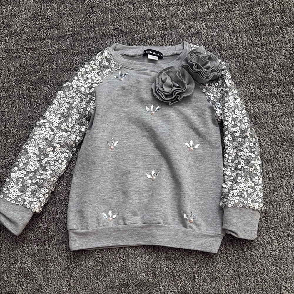Kate Mack Gray Sequin Sweatshirt with Floral Accents
